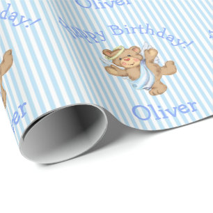 Cute Happy Birthday Teddy Bear Angel Baby Boy Wrapping Paper