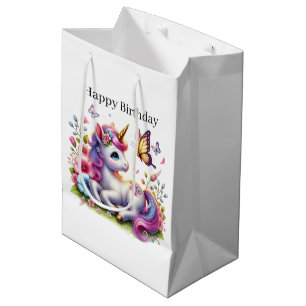 Cute Happy Birthday unicorn lovers customizable Medium Gift Bag