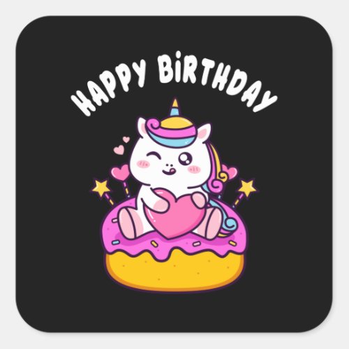 Cute Happy Birthday Unicorn with Cake Kids Girls Square Sticker