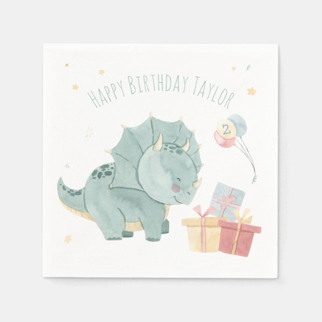 Cute Happy Birthday Watercolor Dinosaur Two Years Napkins (Front)
