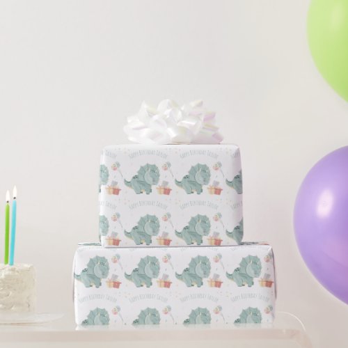 Cute Happy Birthday Watercolor Dinosaur Two Years Wrapping Paper