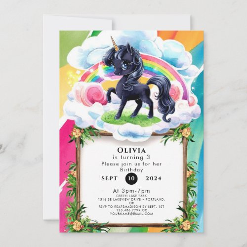 Cute Happy Black Unicorn Birthday Invitation