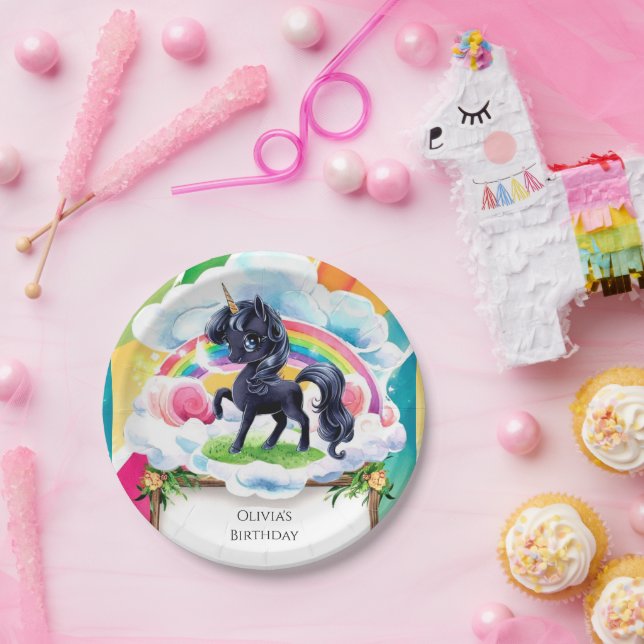 Cute Happy Black Unicorn Birthday Paper Plates (Party)