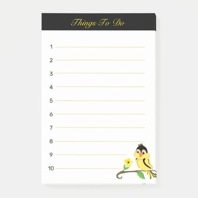 Cute happy black & yellow birdy Things To Do Post-it Notes (Front)