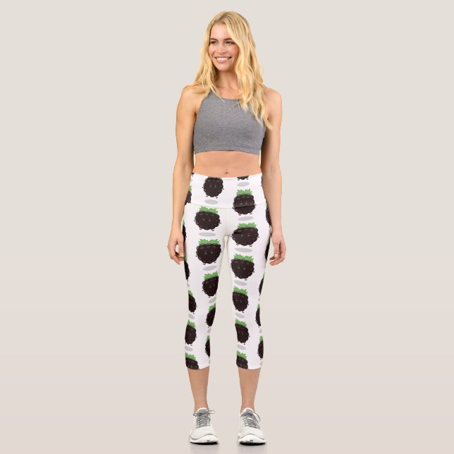Cute happy blackberry purple cartoon illustration capri leggings (Front)
