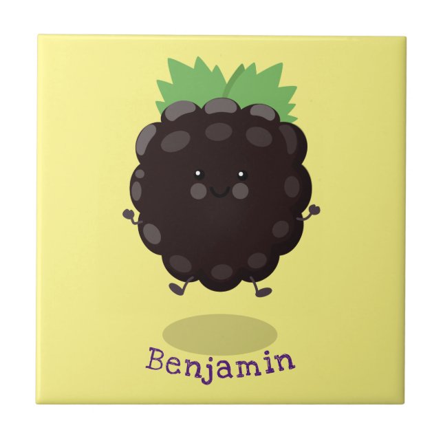 Cute happy blackberry purple cartoon illustration ceramic tile (Front)