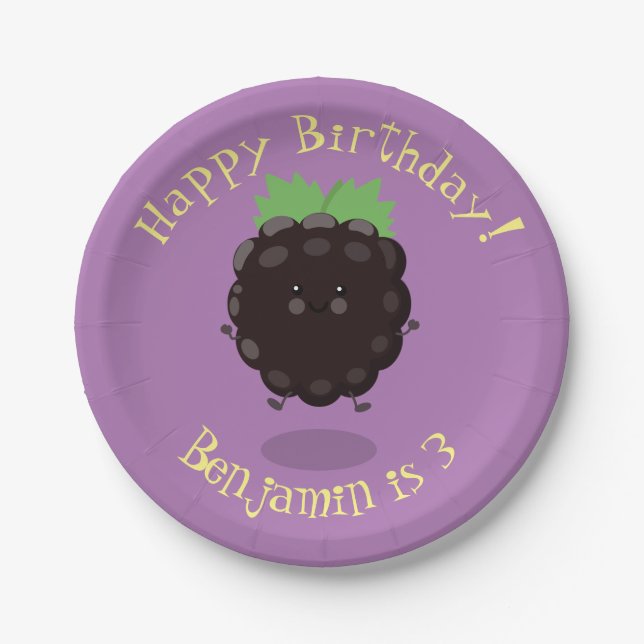 Cute happy blackberry purple cartoon illustration paper plates (Front)