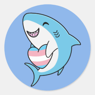 Cute Happy Blahaj Blue Shark Holding Trans Heart Classic Round Sticker