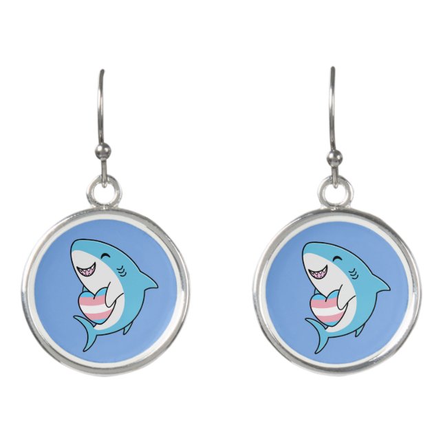 Cute Happy Blahaj Blue Shark Holding Trans Heart Earrings (Front)