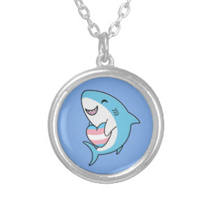 Cute Happy Blahaj Blue Shark Holding Trans Heart Silver Plated Necklace