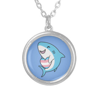 Cute Happy Blahaj Blue Shark Holding Trans Heart Silver Plated Necklace