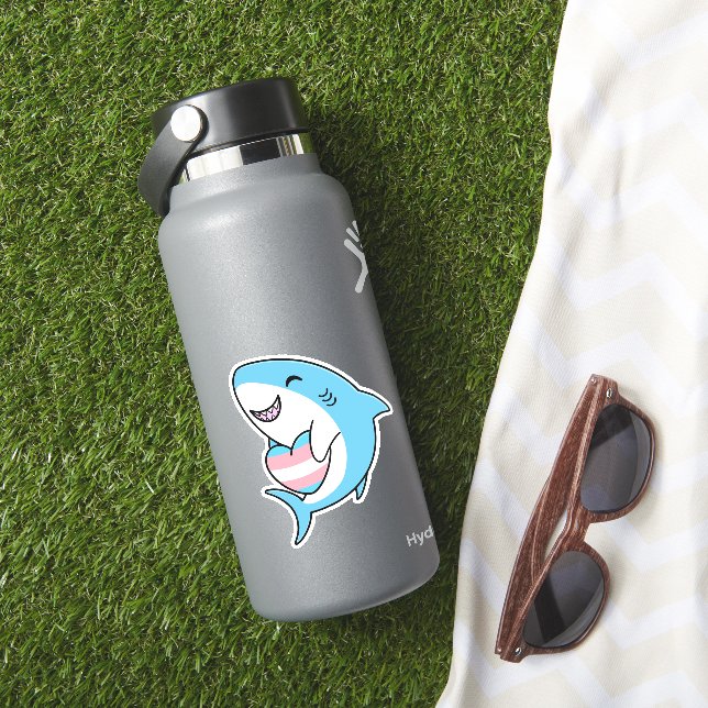Cute Happy Blahaj Blue Shark Holding Trans Heart Sticker (HydroFlask Insitu)