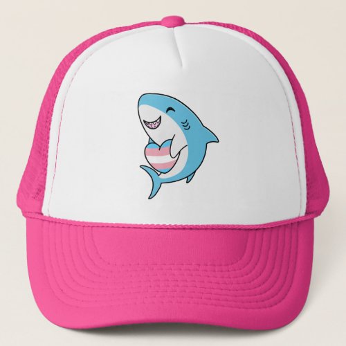 Cute Happy Blahaj Blue Shark Holding Trans Heart Trucker Hat