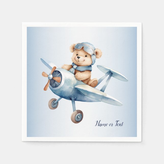 Cute Happy Blue Bear Pilot Airplane Party Napkins (Front)