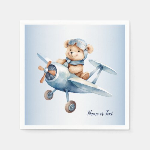 Cute Happy Blue Bear Pilot Airplane Party Napkins