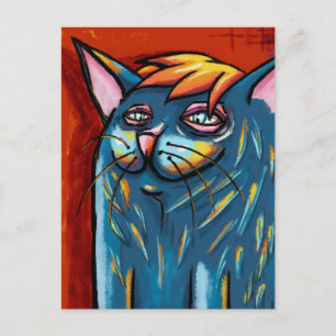 Cute Happy Blue Cat Digital Oil Pastel Postcard