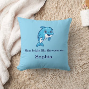 Cute Happy Blue Dolphin Cartoon Sea Creature Throw Pillow