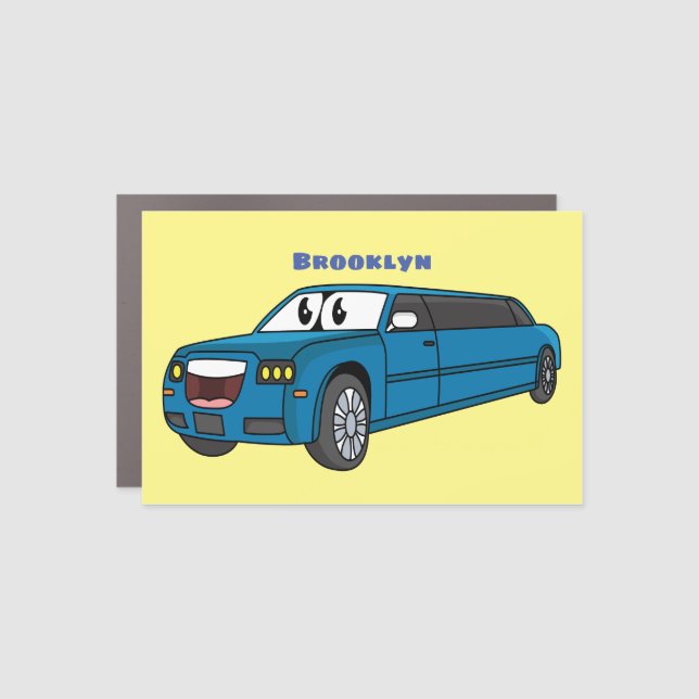Cute happy blue Limousine cartoon car Car Magnet (Front)