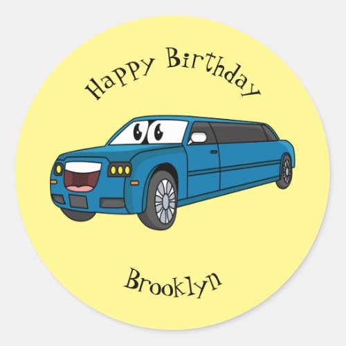 Cute happy blue Limousine cartoon car Classic Round Sticker