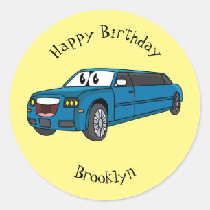 Cute happy blue Limousine cartoon car Classic Round Sticker
