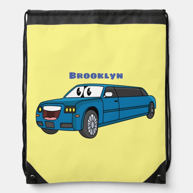 Cute happy blue Limousine cartoon car Drawstring Bag (Front)
