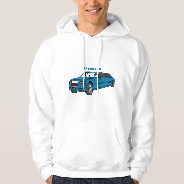 Cute happy blue Limousine cartoon car  Hoodie (Front)