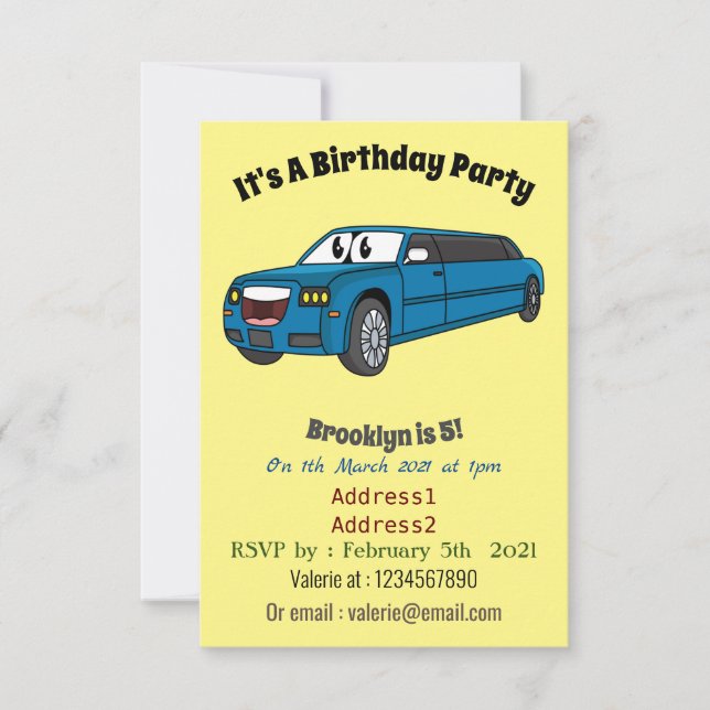 Cute happy blue Limousine cartoon car Invitation (Front)