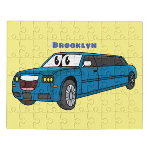Cute happy blue Limousine cartoon car Jigsaw Puzzle