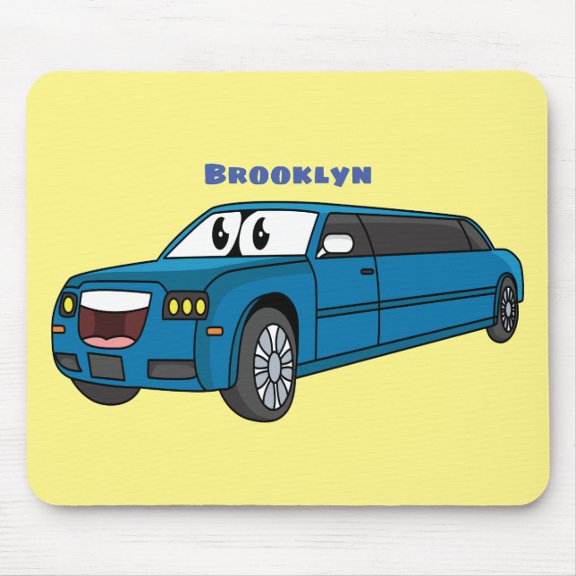 Cute happy blue Limousine cartoon car Mouse Pad (Front)