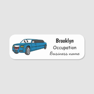 Cute happy blue Limousine cartoon car Name Tag
