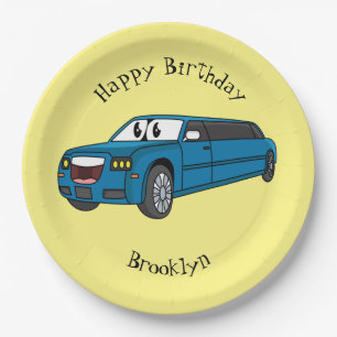 Cute happy blue Limousine cartoon car Paper Plates
