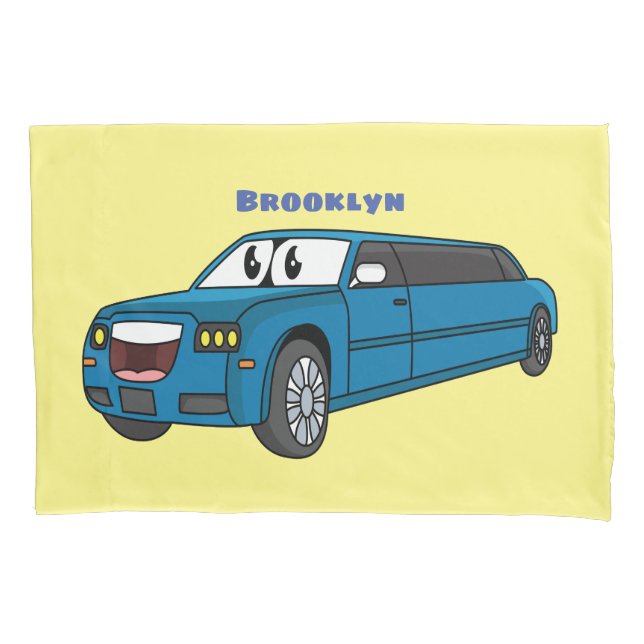 Cute happy blue Limousine cartoon car Pillow Case (Front)