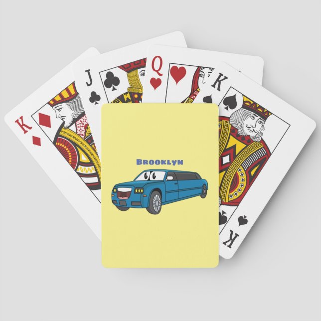 Cute happy blue Limousine cartoon car  Poker Cards (Back)
