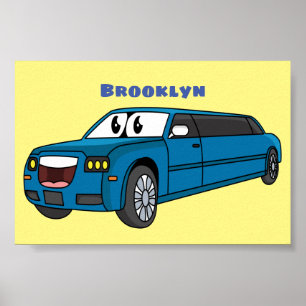Cute happy blue Limousine cartoon car Poster