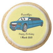 Cute happy blue Limousine cartoon car Round Shortbread Cookie (Front)