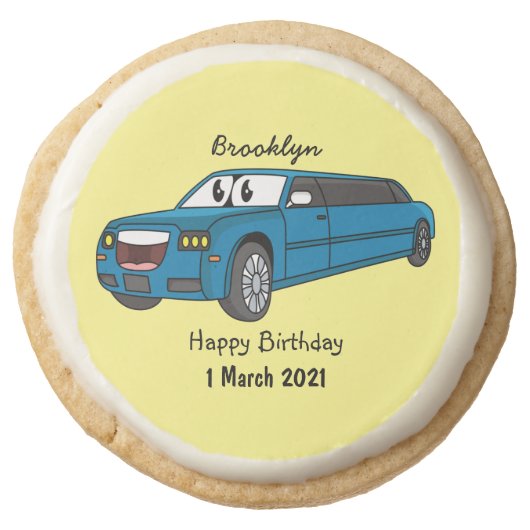 Cute happy blue Limousine cartoon car Round Shortbread Cookie (Front)