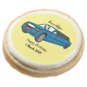 Cute happy blue Limousine cartoon car Round Shortbread Cookie (Angled)