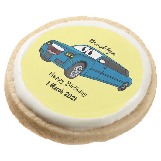 Cute happy blue Limousine cartoon car Round Shortbread Cookie (Angled)