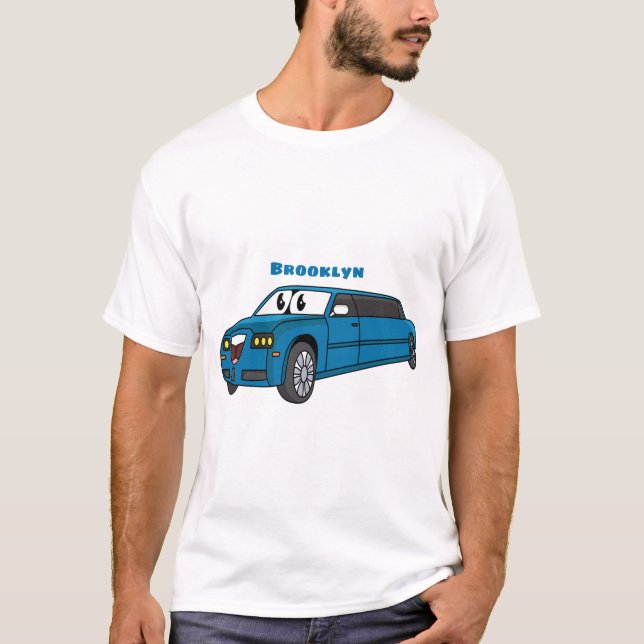Cute happy blue Limousine cartoon car  T-Shirt (Front)