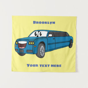Cute happy blue Limousine cartoon car Tapestry