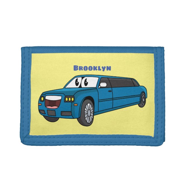 Cute happy blue Limousine cartoon car Trifold Wallet (Front)