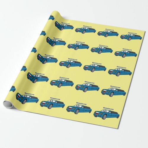 Cute happy blue Limousine cartoon car Wrapping Paper