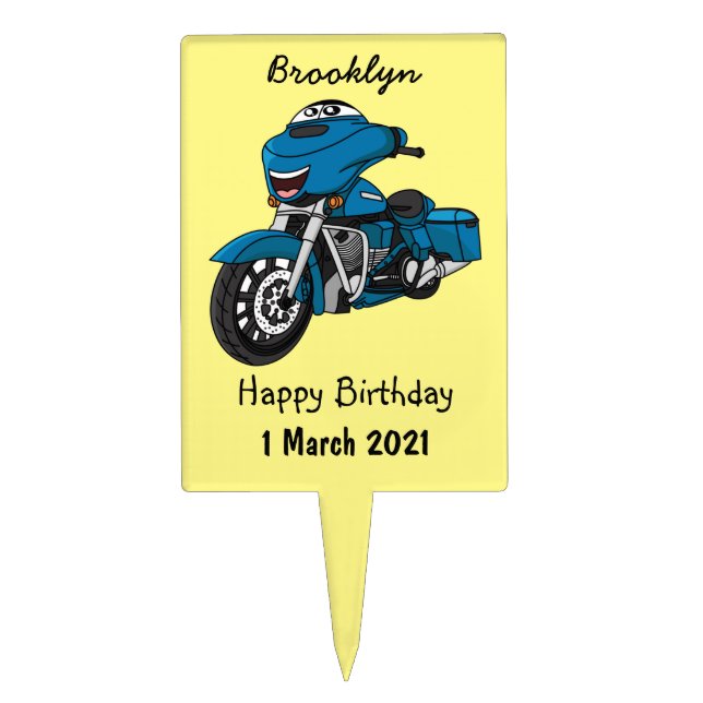 Cute happy blue motorcycle cartoon cake topper (Front)