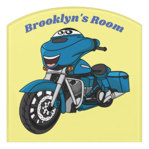 Cute happy blue motorcycle cartoon door sign