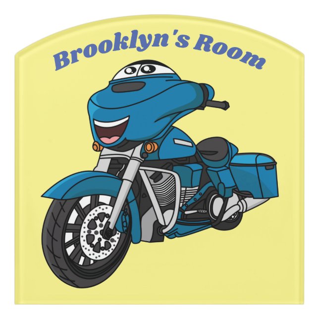 Cute happy blue motorcycle cartoon door sign (Contour Front)