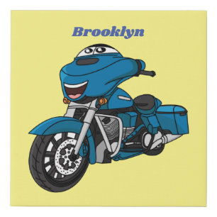 Cute happy blue motorcycle cartoon faux canvas print