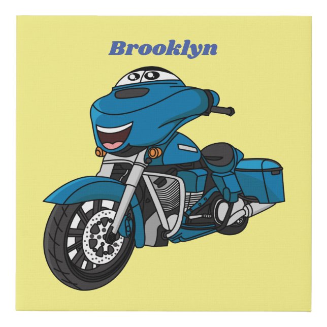 Cute happy blue motorcycle cartoon faux canvas print (Front)