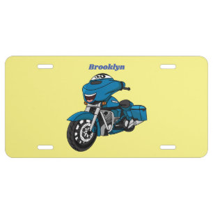Cute happy blue motorcycle cartoon license plate