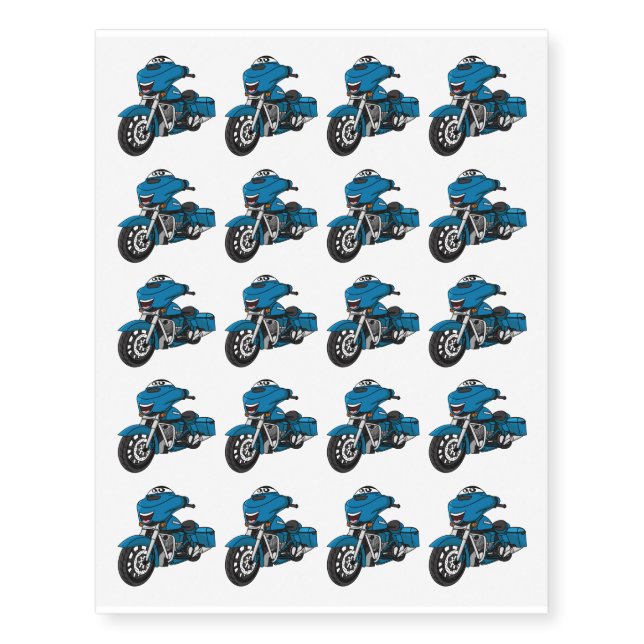 Cute happy blue motorcycle cartoon temporary tattoos (Front)