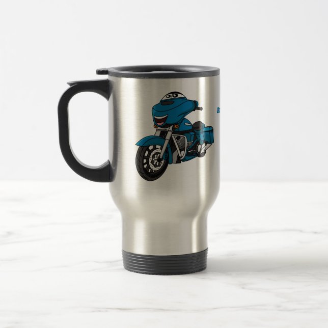 Cute happy blue motorcycle cartoon travel mug (Left)